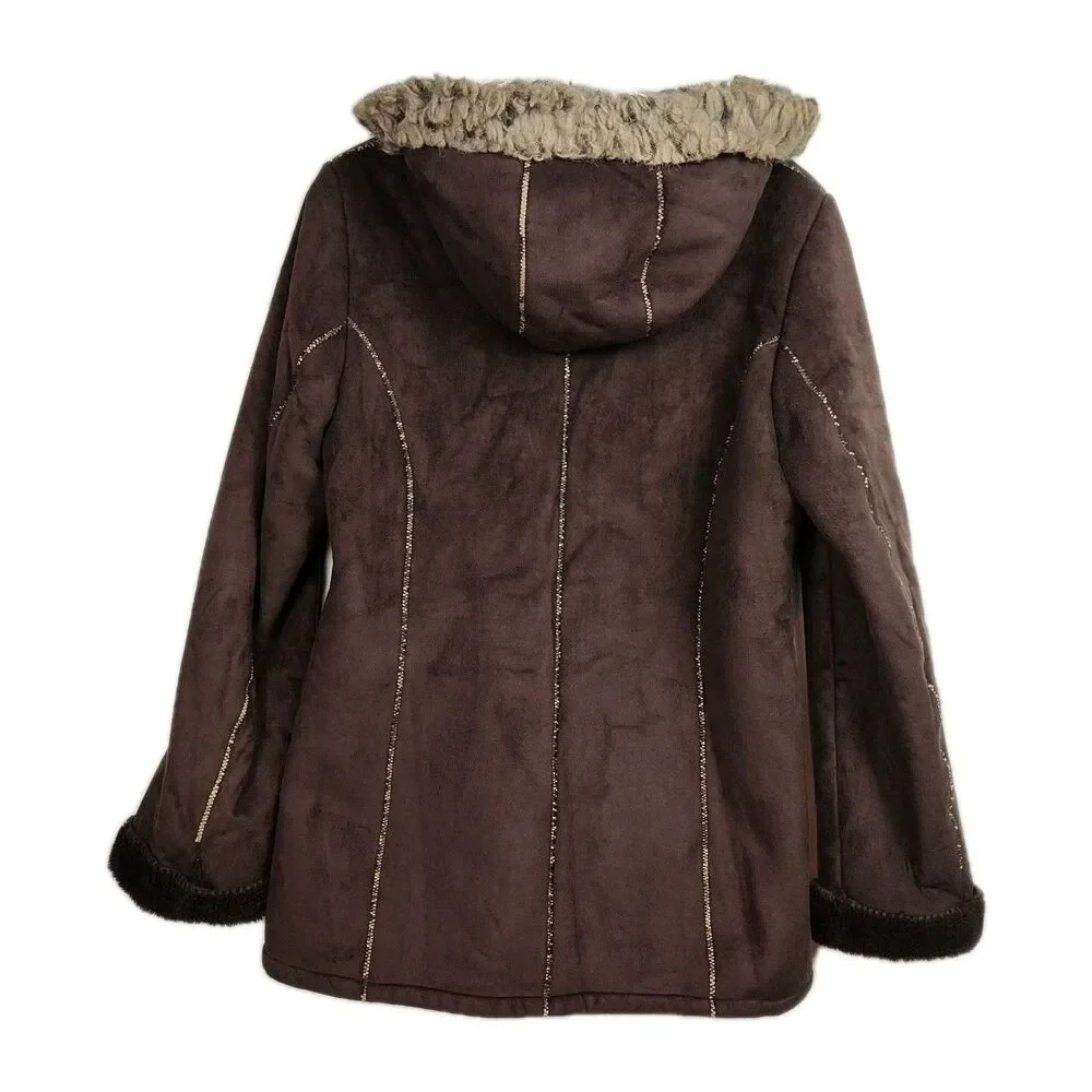 Ellen Tracy Full-Zip Coat women's M Dark Brown Hooded Lined Pockets‎